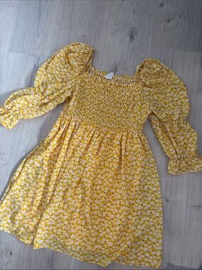 Yellow Floral Smocked Puff-Sleeve Dress